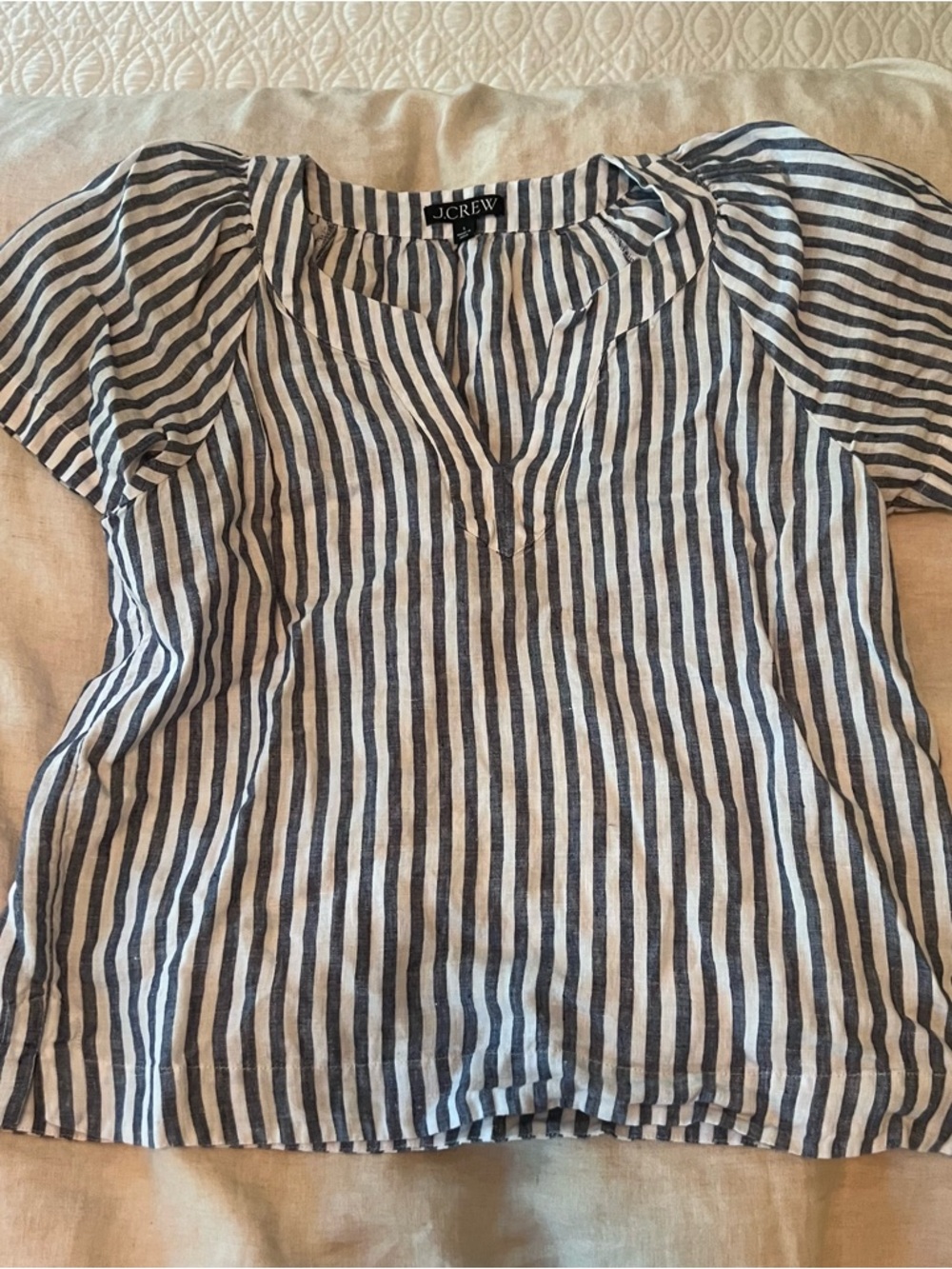 J. Crew Navy and White Striped linen blend Short Sleeve Peasant Blouse